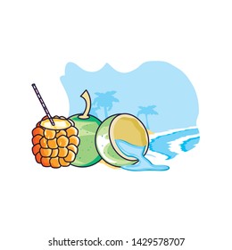 cocktail of pineapple in the beach with coconut