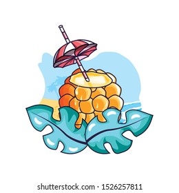 cocktail of pineapple in the beach with leafs vector illustration design