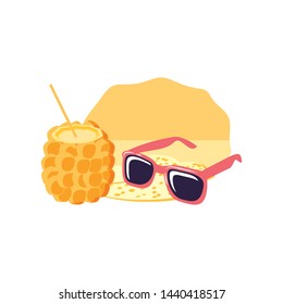 cocktail of pineapple in the beach with sunglasses