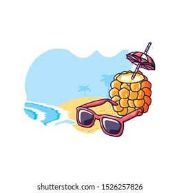cocktail of pineapple in the beach with sunglasses vector illustration design