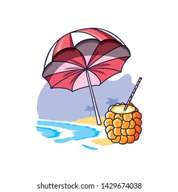 cocktail of pineapple in the beach with umbrella