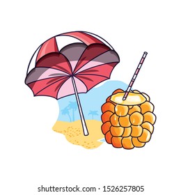 cocktail of pineapple in the beach with umbrella vector illustration design