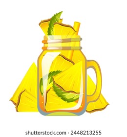 Cocktail with pineapple. Refreshing drink in a can with pineapple. Summer juice with pineapple. Smoothie with fresh fruit. Lemonade with pineapple. Vector illustration.