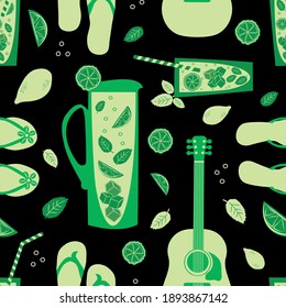 Cocktail pitcher, glass, flip flop, guitar vector seamless pattern background. Backdrop with carafe, drinks glasses, citrus fruit, sandals, musical instrument. Repeat for summer night beach party