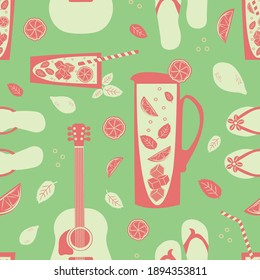 Cocktail pitcher, glass, flip flop, guitar vector seamless pattern background. Tropical color backdrop with carafe, drinks glasses, citrus fruit, sandals, musical instrument. Repeat for beach party