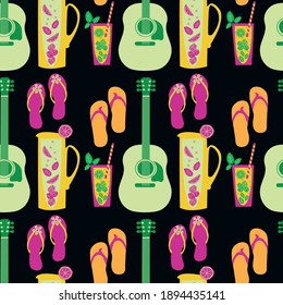 Cocktail pitcher, glass, flip flop, guitar vector seamless pattern background. Tropical backdrop with jugs, drinks glasses, citrus fruit, sandals, music instrument. Repeat for summer night beach party