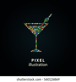 Cocktail - pixel icon. Vector Illustration. Design logo element. Isolated on black background. It is easy to change to any color.