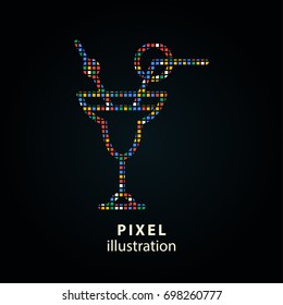 Cocktail - pixel icon. Vector Illustration. Design logo element. Isolated on black background. It is easy to change to any color.