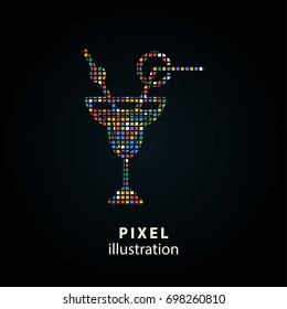 Cocktail - pixel icon. Vector Illustration. Design logo element. Isolated on black background. It is easy to change to any color.