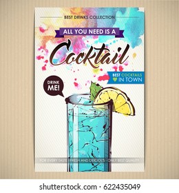 Cocktail poster. Watercolor + sketchstyle.