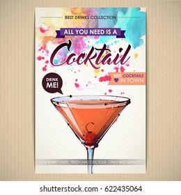 Cocktail poster. Watercolor + sketchstyle.