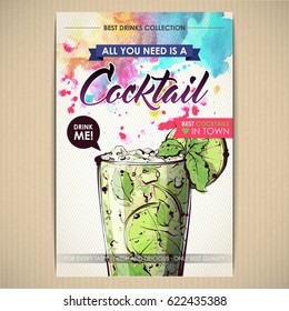 Cocktail poster. Watercolor + sketchstyle.