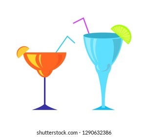 Cocktail poured in special glasses vector, beverages served with straws and sliced lime orange. Juicy drinks on party, isolated icons liquids in containers