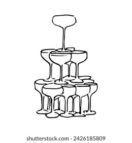 cocktail pyramid in doodle style. hand drawn drawing of a cocktail glass tower