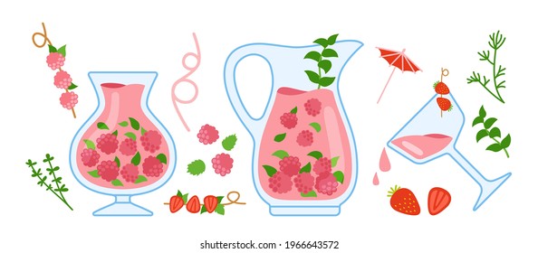Cocktail raspberry cartoon cozy set, glass, herbs. Berry drink in transparent teapot with ingredients. Hand drawn mug tea time flat style. Illustration for greetings, invitations, card, poster vector