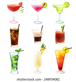 Cocktail realistic decorative icons set with  margarita mojito bloody mary isolated vector illustration