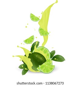 Cocktail realistic milkshake juice. 3d lime, lemon fruit with falling slices and splashing juice. Yogurt milky packaging design elements. Juicy advertising citrus. Vector EPS 10.