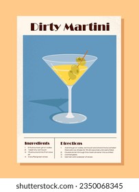 Cocktail recipe banner. Ingredients for Dirty Martini. Alcoholic drinks in glass with olive. Poster or cover for website. Cartoon flat vector illustration isolated on beige background svg