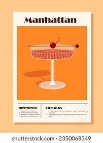 Cocktail recipe banner. Ingredients for Manhattan. Alcoholic drinks in glass. Tropical and exotic drinks for hot weather. Cartoon flat vector illustration isolated on beige background