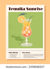 Cocktail recipe banner. Ingredients for Tequila sunrise. Alcoholic drinks in glass with orange slice. Cold drink for summer season. Cartoon flat vector illustration isolated on beige background