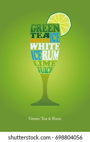 cocktail recipe, Green Tea & Rum, typography