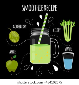 Cocktail recipe. Smoothies of the ingredients. Celery, apple, gooseberry. Vector illustration.