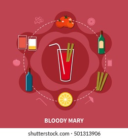 Cocktail recipe template with bloody mary and its ingredients in flat style isolated vector illustration