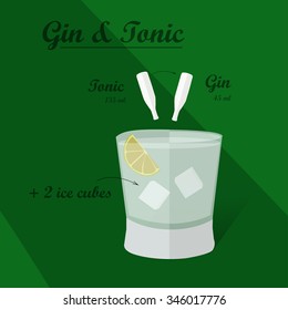 Cocktail recipe vector gin - tonik. Illustration of the menu bar