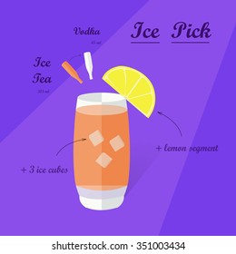 Cocktail recipe vector ice pick. Illustration of the menu bar