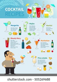 Cocktail Recipes Poster of popular alcoholic beverages with their components and measurements vector illustration