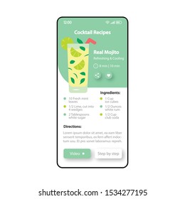 Cocktail recipes smartphone interface vector template. Mobile app page green and white design layout. Beverage preparation screen. Flat UI for application. Real mojito ingredients. Phone display