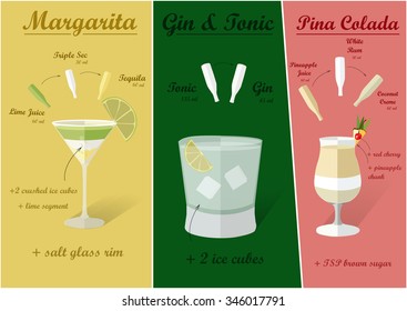 Cocktail recipes vector margarita gin - tonik pina colada