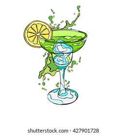 Cocktail. Refreshing drink. Splashes and drops. Isolated vector object on white background.