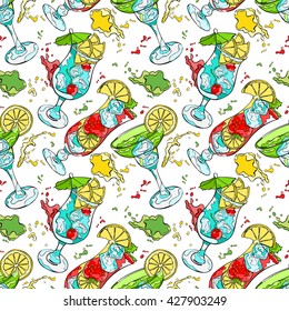 Cocktail. Refreshing drink. Splashes and drops. Seamless vector pattern (background).