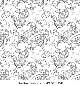 Cocktail. Refreshing drink. Splashes and drops. Seamless vector pattern (background).