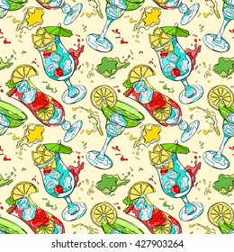 Cocktail. Refreshing drink. Splashes and drops. Seamless vector pattern (background).