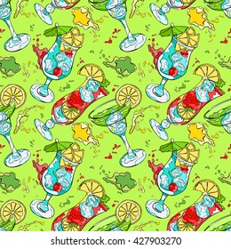 Cocktail. Refreshing drink. Splashes and drops. Seamless vector pattern (background).