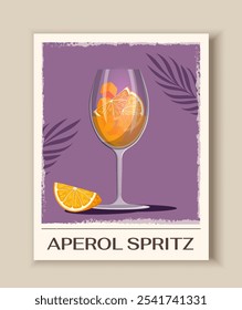 Cartel retro de cóctel. Aperol rociado con rodajas de naranja en vaso. Bebida alcohólica tropical y exótica. Volante y folleto. Ilustración vectorial plana aislada sobre fondo beige