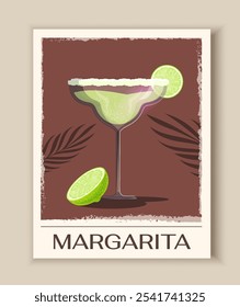 Cocktail retro poster. Margarita with olives in glass. Tropical and exotic alcoholic drink and beverage. Graphic element for website. Flat vector illustration isolated on beige background