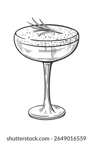Cocktail rosemary hand drawn isolated on white background. Vintage sketch of glass of alcoholic drink. Cocktail for parties. Vector illustration