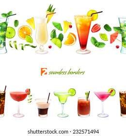 Cocktail seamless border with drinks in glasses and decoration vector illustration