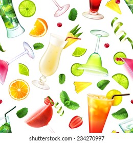 Cocktail seamless pattern with alcohol drinks in glasses and decoration vector illustration