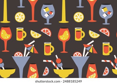 Cocktail seamless pattern. Alcoholic beverages in retro style. Hand drawn Glassware of different shapes, sizes, colors. Utensils for , wine,  champagne, wine, brandy, whiskey, tequila. Vector