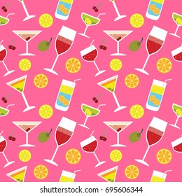 Cocktail seamless pattern. Colorful summer background with cocktails and various fruits. Vector illustration.