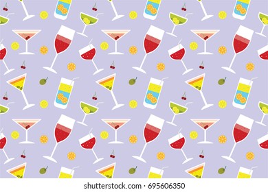 Cocktail seamless pattern. Colorful summer background with cocktails and fruits. Vector illustration.