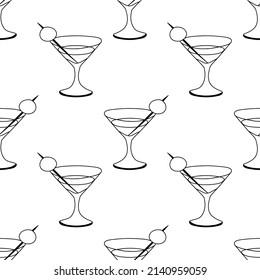 Cocktail seamless pattern doodle outline vector. Texture for background, menu, booklet, label, print, greeting card, packaging, merchandise, book, poster, fabric, wrapping, storefront, textile.