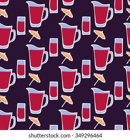 Cocktail. Seamless pattern with glass, umbrella and jug- fruit punch. Doodle drawing. Vector illustration - swatch inside