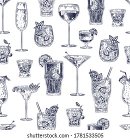 Cocktail seamless pattern. Hand drawn alcohol drinks cocktails with different glasses and goblets wallpaper bar menu vintage vector texture. Sketch beverage as cherry cocktail, champagne, pina colada