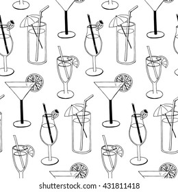 Cocktail seamless pattern with hand drawn sketch alcohol refreshments vector illustration