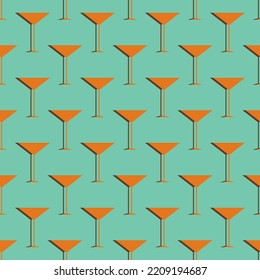 Cocktail seamless pattern. Party background in retro color with martini glass. Icon martini glass with shadow. Vintage design for print on wrapping paper, wallpaper, packaging. Vector illustration